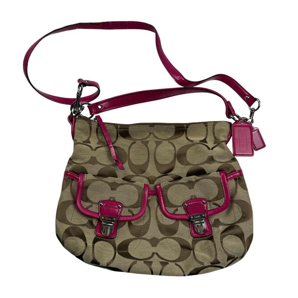 Coach Signature Khaki Pink Canvas Patent Leather Hobo Crossbody Bag F23392